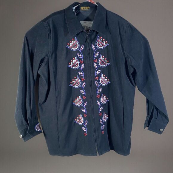 Bob Mackie Jackets & Blazers - Bob Mackie Wearable Art Velour Floral Jacket 2X Black Velvet Embroidered Zip